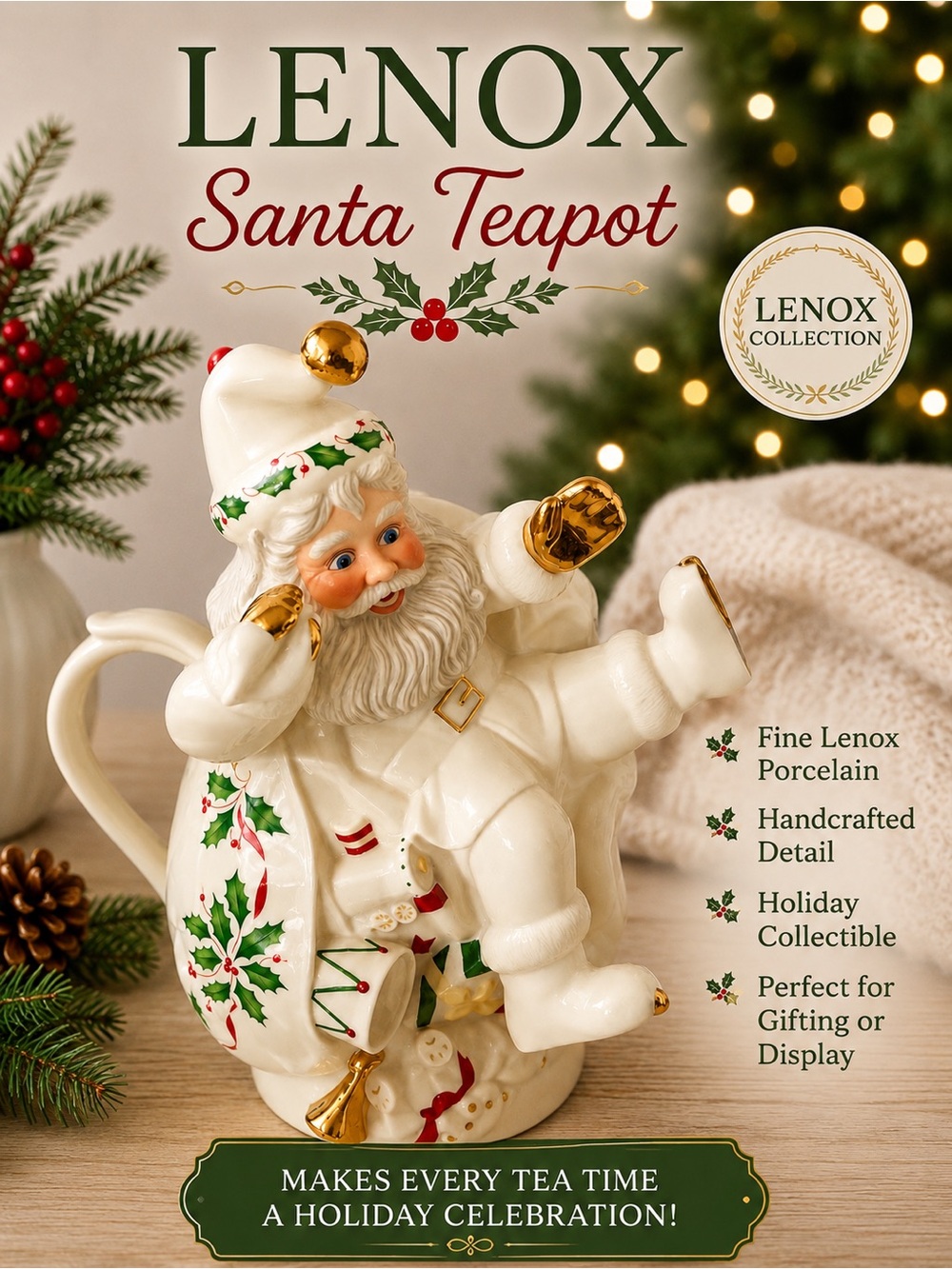 Lenox Holiday Santa Collection Porcelain Teapot –
Holly & Gold Accents